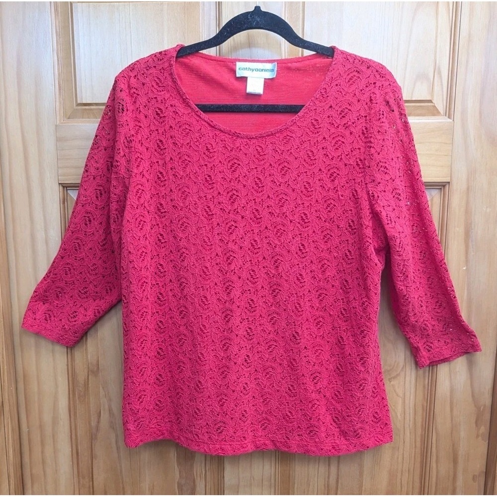 Cathy Daniels Women's XL Top Blouse Red Lace Semi Sheer Fully Lined